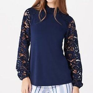 Susan Graver Liquid Knit Mock-Neck Top Lace Sleeve
